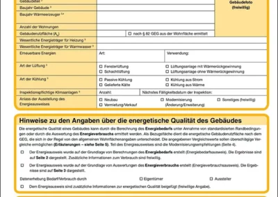 Seite 1 eines Muster Energieausweises für Gebäude.